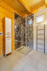 a glass shower in a room with a stone wall at Amara Houses in Rewal +57 photos