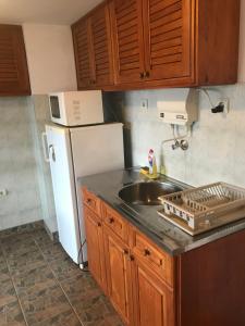 a kitchen with a sink and a white refrigerator at Tipografov View Guest House in Veliko Tŭrnovo