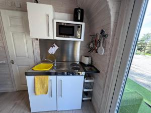- une cuisine dans une petite maison avec évier et four micro-ondes dans l'établissement Coastal Cabin Oldshoremore, à Rhiconich 23 autres photos