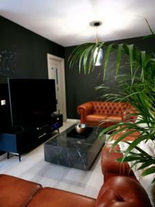 a living room with a couch and a television at GLAMOUR Style Apartment in Cluj-Napoca