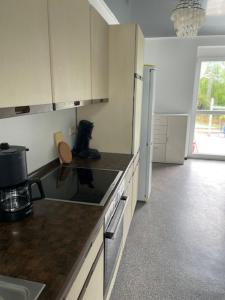 a kitchen with white cabinets and a counter top at Gästehaus Zur Krone in Saalburg-Ebersdorf