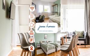 ein Wohnzimmer mit Möbeln und einem Schild mit der Aufschrift „Jam House“ in der Unterkunft janu-homes - 3 Zimmer Apartment - 7 Betten, Lahnblick vom Rheinberg in Runkel