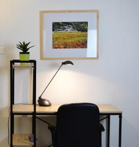 einen Schreibtisch mit einer Lampe und einem Bild an der Wand in der Unterkunft Charmante maison centre historique d'Arles in Arles