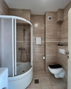 a bathroom with a shower and a tub and a toilet at Paradise Apartments Becici in Becici