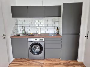 a kitchen with a washing machine and a sink at Studio 1 - Apartments am Schloss in Oberschleißheim