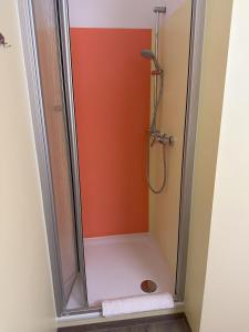 eine Dusche mit Glastür im Badezimmer in der Unterkunft Ferienwohnung Thermenauszeit - mit Balkon und Bademantelgang in Bad Griesbach