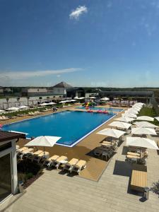 a large swimming pool with umbrellas and lounge chairs at Hostel VinoGrad in Haysyn