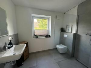 un bagno con lavandino, WC e finestra di Ferienwohnung Verde a Hemmingstedt Altre 8 foto