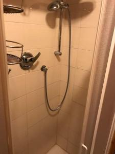 a shower with a shower head in a bathroom at Rustico Monolocale ai piedi della montagna in Prali Villa