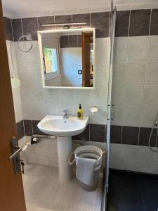 a bathroom with a sink and a toilet and a mirror at Marcia's Welcome House in Rafina