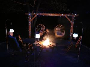 a group of people sitting around a fire at night at Ferienhaus Ymervägen in Lönsboda