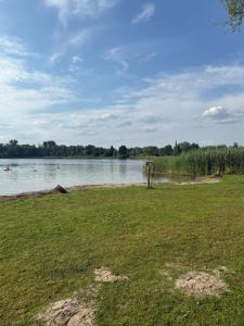 a grassy field next to a body of water at Ferienwohnung Last in Kyritz