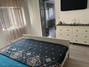 a bedroom with a bed and a dresser with a tv at Casa de vacanța in Brăila