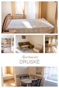 een collage van twee foto's van een slaapkamer en een eetkamer bij Neringarent DRUSKĖ - 2-jų miegamųjų su atskiru įėjimu in Juodkrantė