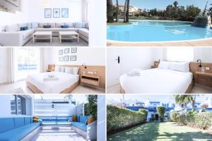 eine Collage mit Fotos eines Hotelzimmers und eines Pools in der Unterkunft Villa in Golf Resort with Shared Pool in Bouznika