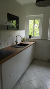 a kitchen with white cabinets and a sink and a window at Wohnung Chemnitz-Zentrum in Chemnitz +10 photos