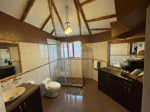 ein Badezimmer mit Toilette, Waschbecken und Spiegel in der Unterkunft Urquillos Wasi - Andean Cottage in Urubamba