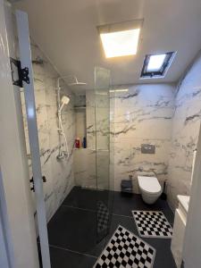 a bathroom with a glass shower and a toilet at Bodrum Center 2plus1 for 6 people - Citak Mansions in Bodrum City +37 photos