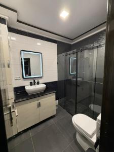 Un baño con inodoro, lavabo y ducha. en Lujoso Apartamento, en Martil