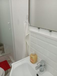 a bathroom with a toilet and a sink with a mirror at Modern apartment! in Hazebrouck +25 photos