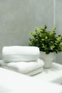 a stack of towels on a counter with a potted plant at Modern 2BR Apt in San Juan City, Concert Stays in San Juan