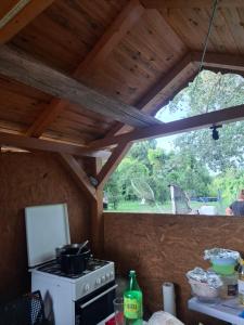 a kitchen with a stove and a wooden roof at Tiszavirág Nagyhalas Horgász apartman in Tiszaújváros