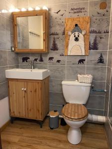 ブリッド・レ・バンにあるStudio Alpin & Bien-Êtreのトイレと洗面台とクマの絵が飾られたバスルーム