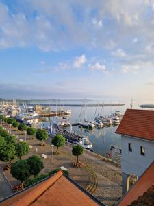 a view of a marina with boats in the water at Ferienwohnung Hafenpanorama Speicherresidenz Barth 4 5 in Barth