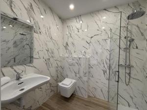 a bathroom with a sink and a shower and a toilet at Gabika Apartment 1 in Bilbao