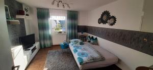 a small bedroom with a bed and a television at Ferienwohnung Fichtelgebirge in Brand