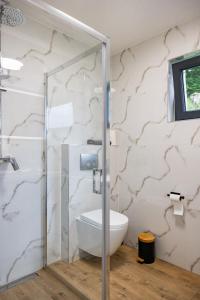 a bathroom with a toilet and a glass shower at Zawoja House in Zawoja +93 photos