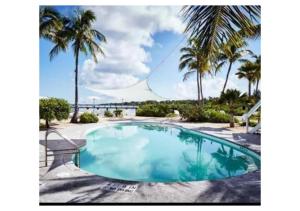 a swimming pool with palm trees in the background at Casa Morada in Islamorada