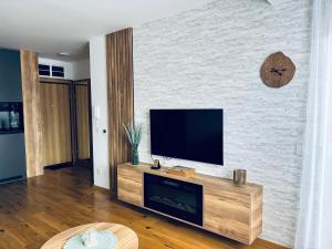 a living room with a flat screen tv on a wall at Davos in Zlatibor