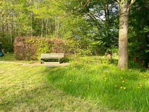 un banco del parque sentado en medio de un campo en The forest cottage with petanque court, en Nykøbing Sjælland