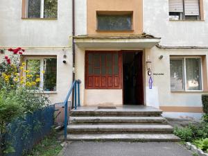 ein Haus mit einer roten Tür und einer Treppe in der Unterkunft Apartament Corvin 3 in Hunedoara