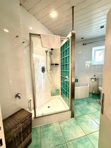 a bathroom with a shower and a tub at Ferienwohnung Gänseblümchen in Feistritz an der Gail +21 photos