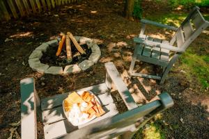 a fire pit and a chair in a yard at Arbutus Lake-King Suite-Pontoon Rentals in Traverse City
