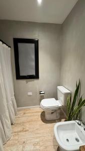 a bathroom with a toilet and a sink and a mirror at Departamento en Rojas in Rojas +11 photos