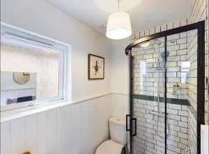 a bathroom with a toilet and a glass shower at 4 Bedroom Belfast Townhouse in Belfast