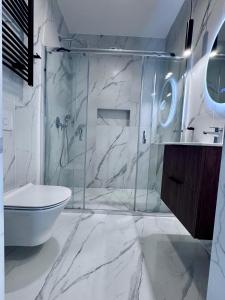 een witte badkamer met douche en toilet bij Marina Dziwnow Premium Haus in Dziwnów +7 foto's