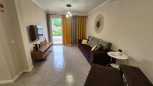 Una sala de estar con un sofá y un televisor. en Chalé da Serra, en Santo da Serra