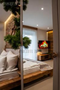 Un dormitorio con una cama y un televisor en una habitación. en Aparthotel ZATOR Natural 56 jacuzzi, en Zator