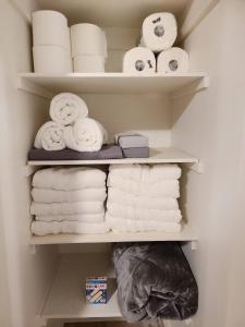 a closet filled with towels and toilet paper at Spacious 3-Bedroom Home. in Regina