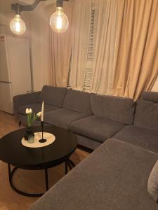 uma sala de estar com um sofá e uma mesa em Nya 1or 2or i centrala Halmstad em Halmstad mais 5 fotografias