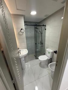 a bathroom with a toilet and a sink and a shower at Appart Résidence Sabrin in Fnidek +66 photos