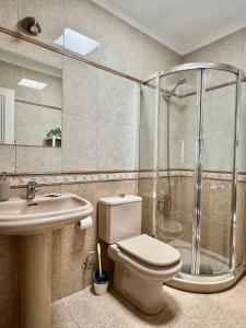 a bathroom with a shower and a toilet and a sink at Villa Morriña by Vulcano Homes in Playa Honda