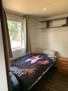 ein kleines Bett in einem Zimmer mit Fenster in der Unterkunft Casa prefabricada in El Casar de Escalona