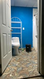 a bathroom with a toilet and a blue wall at RANCHO LA POTRANCA SV in Las Hojas +17 photos