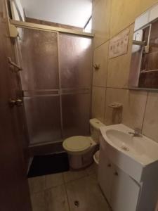 een badkamer met een douche, een toilet en een wastafel bij Oceánica Lodge in Ilo