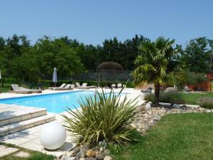 una piscina con una palmera en un patio en Les Chalets du Manoir, en Montauban